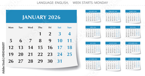 2026 calendar. Vector collection of English monthly page. Design Monday start