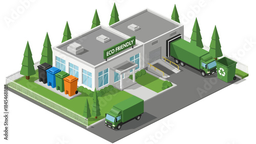 An isometric view of a modern eco-friendly facility featuring color-coded recycling bins, green delivery trucks, and a loading dock surrounded by pine trees