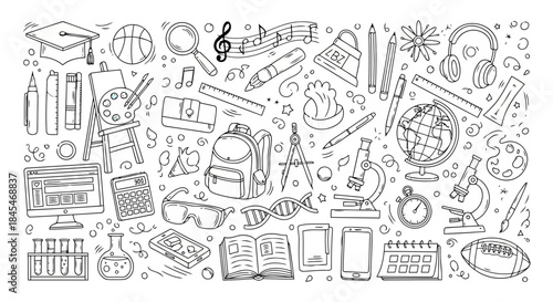 Black and white illustration of various musical instruments, tools, and objects related to music and creativity