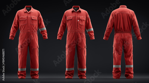 Red industrial work coverall with reflective strips