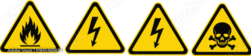 Vector illustration of hazard warning signs—symbols for safety alert, workplace danger, industrial caution, and protective signage reference