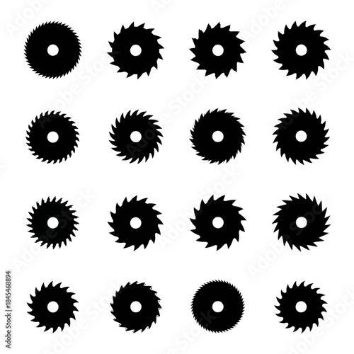 Black and white circular patterns with sharp spikes arranged in a grid