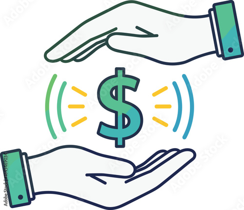 Financial protection and value presentation icon, stylized hands around dollar symbol with radiating lines, money security and economic concept graphic