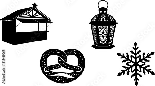 Black silhouette icons representing a festive christmas market stall pretzel lantern and detailed snowflake perfect for holiday design elements