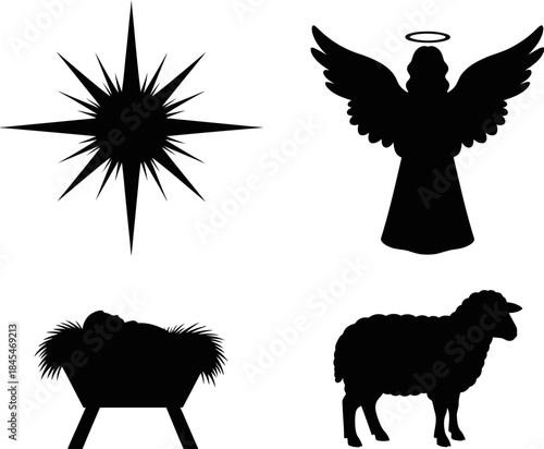 Silhouette icons representing the nativity story including a bright star an angel a manger and a sheep for religious celebration