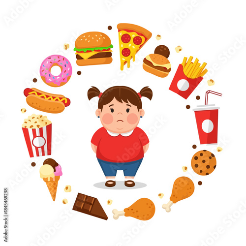 A girl surrounded by unhealthy junk food items in a circular arrangement