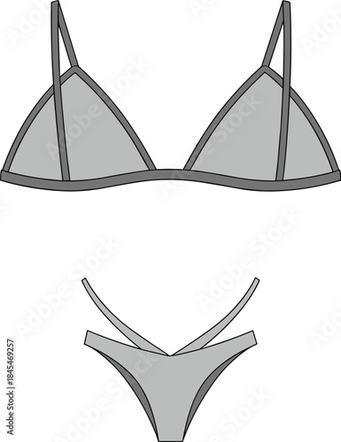 Women's Minimalist Triangle Bikini Swimsuit Fashion Technical Flat Sketch Template with Strappy Bottoms and Adjustable Straps Vector Illustration.