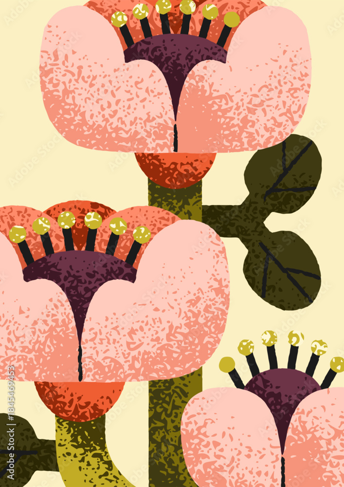 Naklejka premium Whimsical floral poster design. Flower blossoms, abstract botanical art, nature card. Spring and summer garden flora, blooms, vertical background in modern creative style. Flat vector illustration.