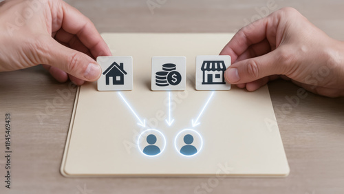 Silver economy wealth transfer concept with hands holding icons of house money and store representing financial flow to people