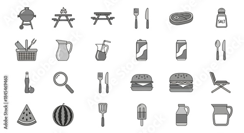 Set of picnic and barbecue items including grill, utensils, and food on