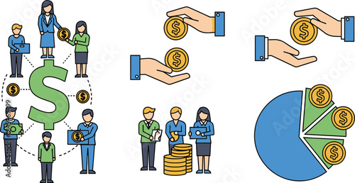 Financial transaction and business management icon set, dollar exchange, investment planning, and budgeting concept graphic with business people and charts