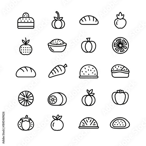 Set of various food items including fruits, vegetables, bread, and desserts, illustrated in a simple black and white line art style