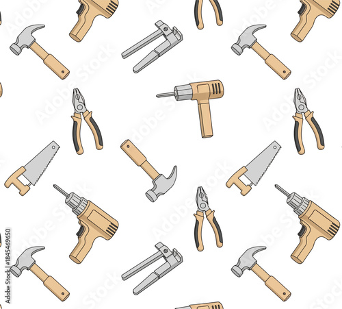 Seamless pattern of cartoon construction tools including hammer power drill pliers and hand saw for DIY renovation background texture
