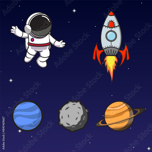 Playful 2D illustration of an astronaut and rocket symbolizing exploration and innovation. Great for tech startups, education content, innovation campaigns, or space-themed visuals.