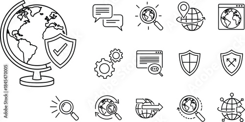 Global communication and internet security icon set, black-and-white web navigation and cybersecurity symbols, browser, search, and network concept graphic