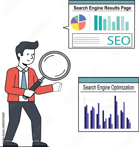Businessman with magnifying glass analyzing search engine results page charts for SEO strategy development website ranking performance data analysis marketing