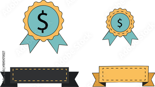 Hand drawn financial award badge with dollar sign two ribbon banners black and orange for sale promotion discount offer success achievement marketing design