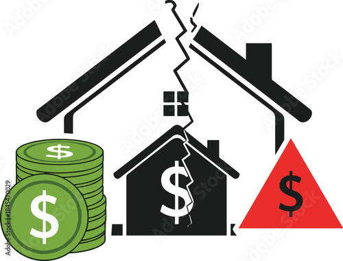 Housing crisis and financial distress icon, cracked house with dollar symbol, broken roof and warning triangle, economic hardship concept graphic