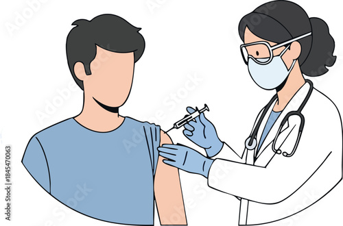 Female doctor wearing mask and protective glasses gives injection to male patient's arm vaccination illustration medical procedure concept immunization shot
