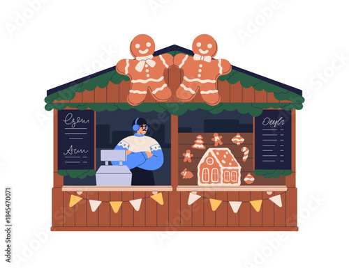 Christmas bakery stall with vendor and gingerbread. Winter holiday wooden booth with ginger cookies. Festive fair cabin, Xmas market stand. Flat vector illustration isolated on white background.