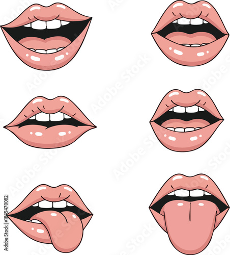 Set of six pink cartoon mouth icons with different expressions open mouth showing teeth and tongue licking lips kissing facial expression graphic design element