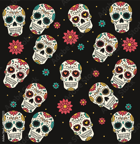 Seamless pattern of colorful decorated sugar skulls with flowers on a black background Dia de los Muertos celebration Mexican holiday Day of the Dead artistic
