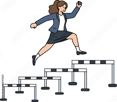Businesswoman character jumping over increasing hurdles representing career challenges success overcoming obstacles forward progress achievement motivation in