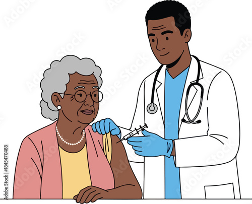 Young African American male doctor administering vaccine injection to smiling elderly Black woman patient in arm protecting against illness flu shot