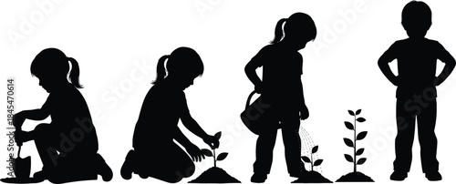 Planting and growth process silhouette set, child gardening sequence with shovel, seedling, watering, and observation, educational nature care concept graphic
