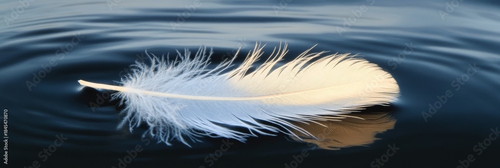 Fototapeta premium A White Feather Drifting on Calm Ocean Waters, Surrounded by Soft Ripples and Gentle Waves