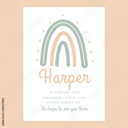 Harper birthday invitation with soft boho rainbow
