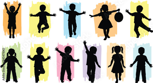 Playful children silhouette icon set, expressive poses with colorful brushstroke backgrounds, joy, movement, and childhood activity concept graphic