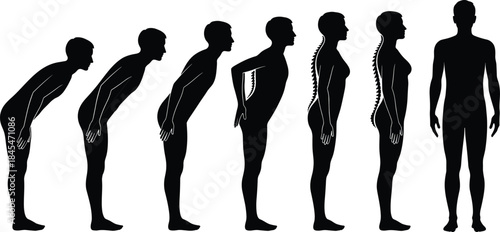 Posture correction and spinal alignment silhouette set, black ergonomic health and body improvement illustration, physical wellness and anatomy concept graphic