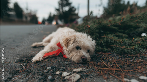 Fototapeta Naklejka Na Ścianę i Meble -  Abandoned Small fluffy puppy wearing festive accessories out on the street after christmas