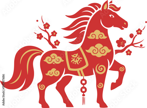 Vector illustration of a traditional Chinese red horse decorated with gold cloud patterns and plum blossoms, symbolizing the Lunar New Year zodiac.