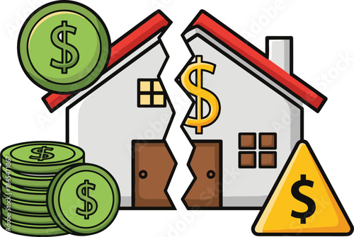 Property division and financial dispute icon, split house with dollar symbol, coin stacks, and warning triangle, economic hardship concept graphic