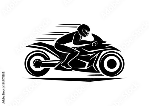 A biker rides a motorcycle on a white background.