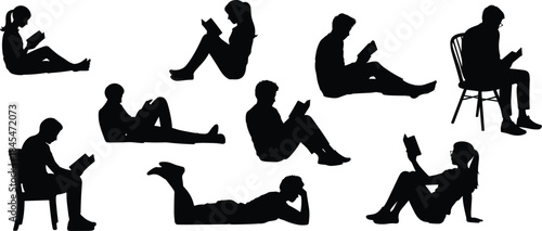 Black Silhouette Reading People Collection, Adults and Students Sitting, Lying Down, Studying Books Isolated on White Background Vector Art