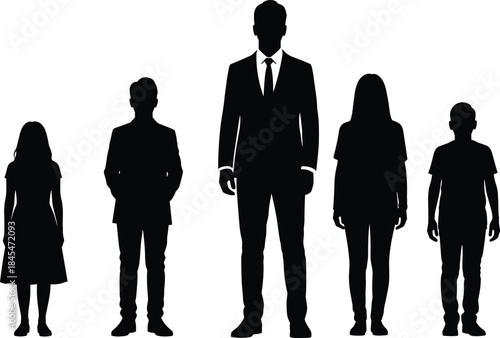 Black silhouettes of business people and family figures in suits standing together isolated on a plain white background.