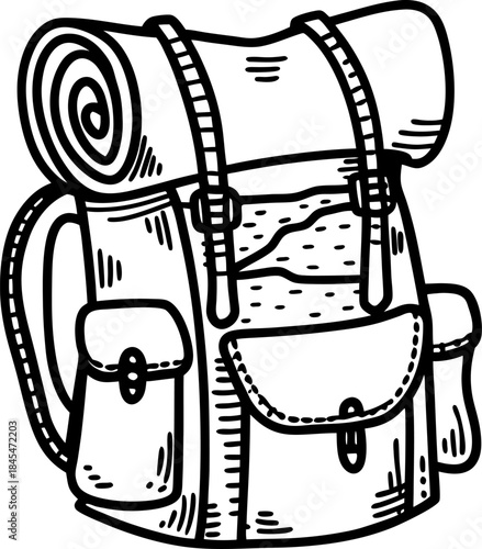 vintage camping backpack with rolled sleeping bag, hand drawn travel gear illustration