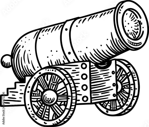 Antique cannon illustration vintage hand drawn artillery gun on wooden wheeled carriage