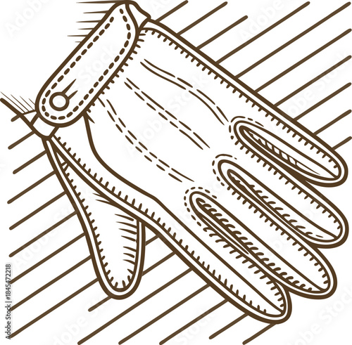 Elegant leather glove illustration with stitching detail and diagonal line background pattern