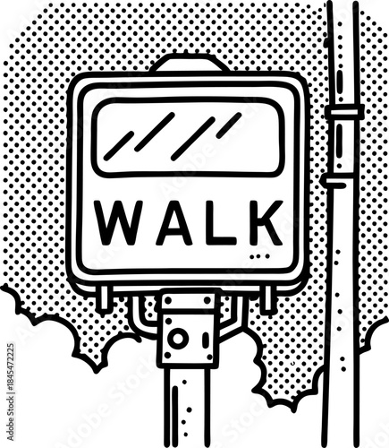 retro pedestrian walk signal sign illustration with dotted halftone background and street pole