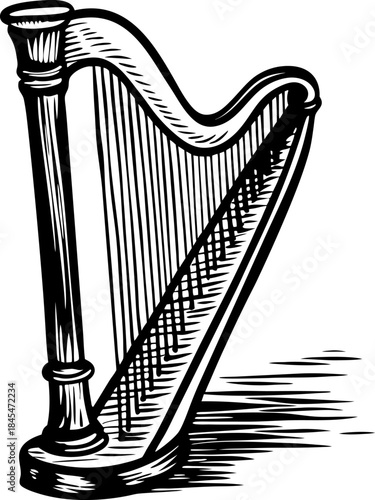 vintage harp illustration with detailed strings and shadow, classic musical instrument engraving
