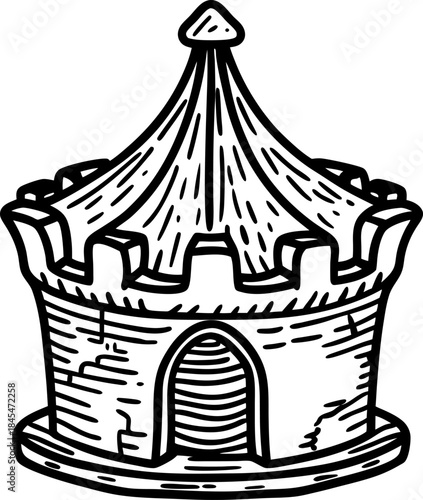 Medieval fairytale castle tower with arched entrance and conical roof, hand drawn vintage illustration