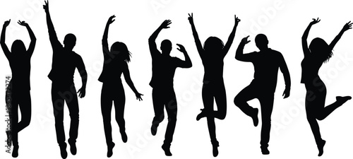 Black silhouettes of happy diverse people jumping and dancing in celebration expressing freedom success joy and youthful energy together,