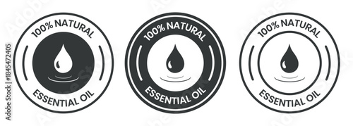 Essential oil drop icon for beauty and skincare natural product certificate label. Essential oils sticker logo for body lotion, cream and shampoo moisturizer, spa wellness fragrance.
