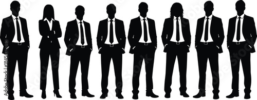 Black silhouettes of professional business people and corporate team standing together in suits expressing leadership success and unity,