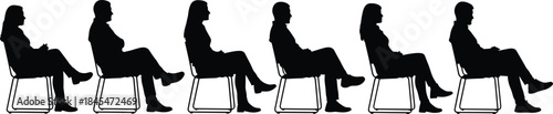 Black Silhouettes of People Sitting on Chairs in a Row, Side View Profile, Waiting Patiently, and Attending a Business Meeting.