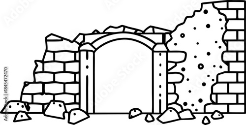 Crumbling ancient stone gate with broken brick wall and scattered rubble outline illustration